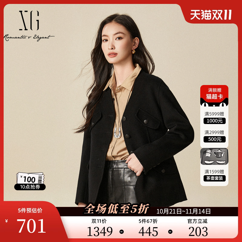 XG雪歌黑色长袖保暖毛呢外套时尚冬季新款通勤简约纯绵羊毛大衣女