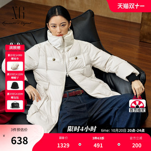XG雪歌中长款白色鸭绒羽绒服2025冬季新款通勤厚款长袖高领外套女