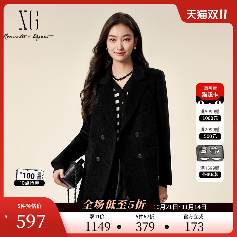 XG雪歌中长款双排扣毛呢外套时尚冬季新款黑色加厚纯绵羊毛大衣女