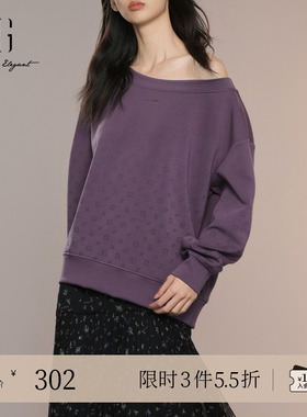 XG雪歌印花设计长袖套头卫衣2025秋季新款深紫色通勤圆领上衣女装