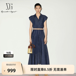 【单件立减】XG雪歌牛仔蓝色棉感无袖连衣裙配腰带2026夏季新款女