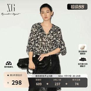 XG雪歌纯棉花版长袖衬衫2026春季新款 V领荷叶边垂感丝带上衣女装