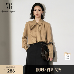 新款 XG雪歌领带搭配咖色长袖 衬衫 2025冬季 翻领设计莱赛尔上衣女装