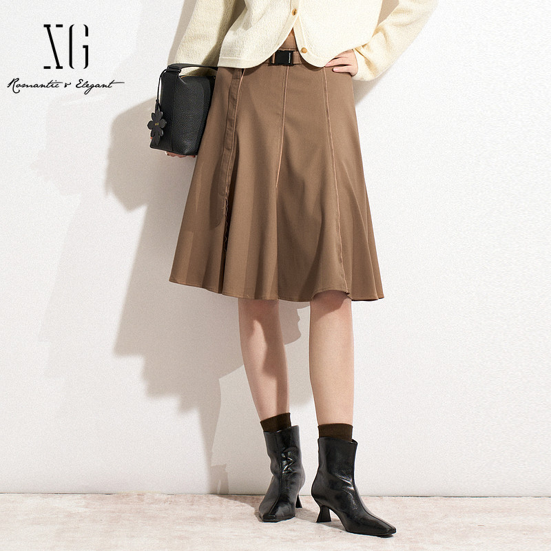 XG雪歌复古卡其色高腰半身裙2025春季新款通勤简约中长A字裙女装,女装/女士精品,半身裙,淘宝优惠券,粉丝福利购,淘宝优惠卷
