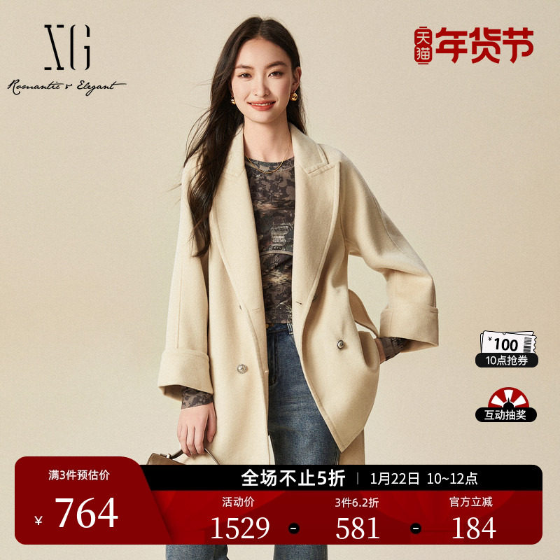 XG雪歌白色纯绵羊毛毛呢外套时尚冬季新款通勤中长款保暖大衣女装,女装/女士精品,毛呢外套,淘宝优惠券,粉丝福利购,淘宝优惠卷