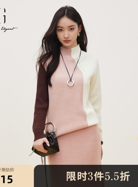 XG雪歌粉白拼色镂空设计长袖毛针织衫2025冬季新款撞色套头毛衫女