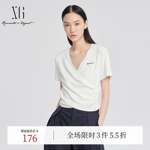 上衣女 XG雪歌交叉褶皱白色T恤2025夏季 新款 温婉风V领套头短袖 修身