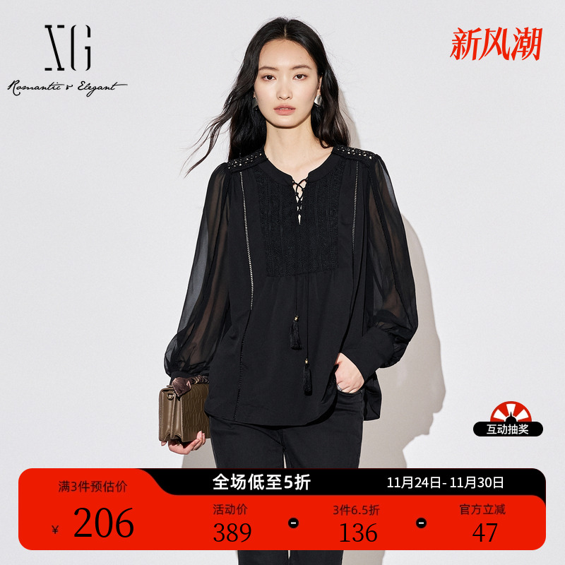 XG雪歌黑色网纱拼接长袖衬衫时尚秋季新款镂空设计圆领休闲上衣女