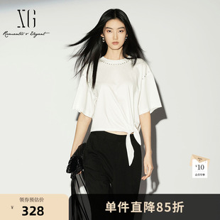【单件立减】XG雪歌白色棉感短袖T恤2026夏季新款 薄款绑带钉珠女