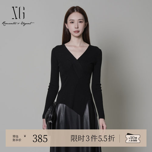 XG雪歌修身设计长袖毛针织衫2025冬季新款螺纹设计绵羊毛毛衫女装