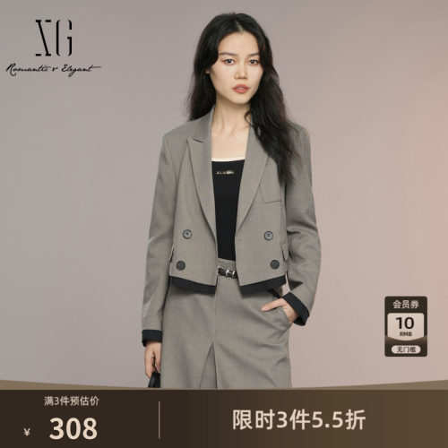 XG雪歌复古格纹长袖休闲西装2025秋季新款撞色拼接短款西装外套女