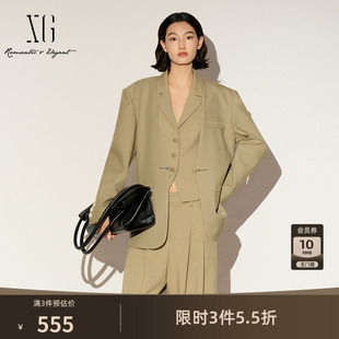 XG雪歌无领卡其色西装外套2026春季新款宽松直筒挺括职场一手长女