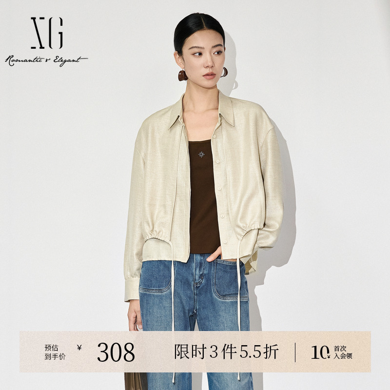 XG雪歌浅米色翻领长袖短外套2025秋季新款系带收腰设计短款外套女