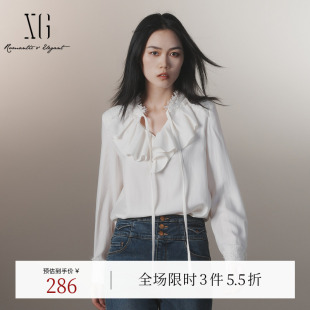 衬衫 荷叶花边米白色上衣女装 时尚 新款 冬季 XG雪歌创意系带设计长袖