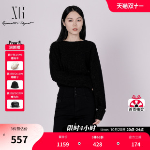 XG雪歌黑色通勤长袖毛针织衫2025冬季新款厚款羊绒混纺套头毛衣女