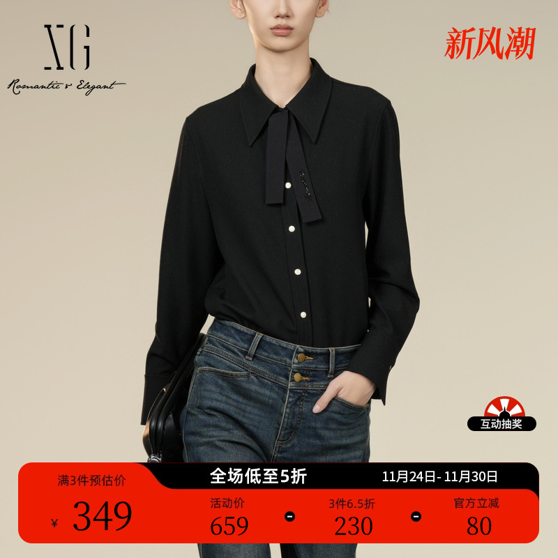 XG雪歌黑色通勤简约长袖衬衫2025冬季新款飘带领设计厚款上衣女装