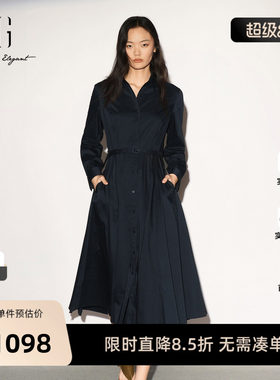 【单件立减】XG雪歌藏青色棉感翻领衬衫长袖连衣裙2026秋季新款女