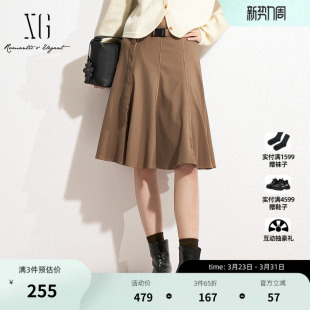 通勤简约中长A字裙女装 XG雪歌复古卡其色高腰半身裙2025春季 新款