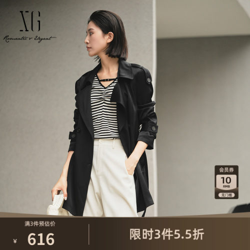 XG雪歌黑色系带设计休闲风衣2025秋季新款中长款收腰长袖外套女装
