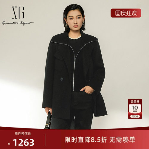 XG雪歌黑色西装领假两件短款双面呢大衣2026冬季新款收腰显瘦女装