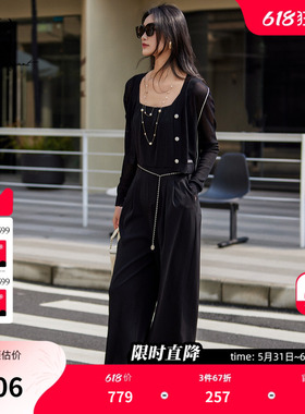XG雪歌黑色连体裤2025夏季新款时尚简约显瘦休闲长裤连衣裤女