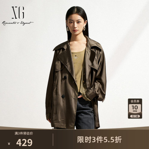 XG雪歌中长款双排扣休闲风衣2025春季新款通勤长袖翻领风衣外套女