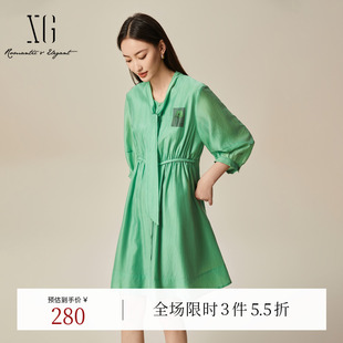 莱赛尔印花A字裙女装 XG雪歌绑带设计绿色短袖 新款 春季 连衣裙时尚