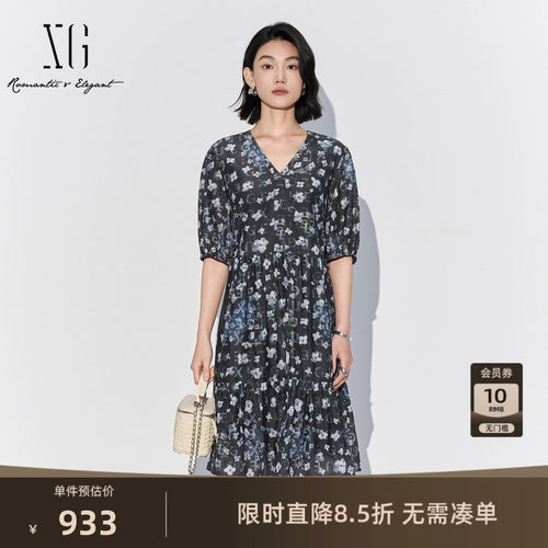 【单件立减】XG雪歌花版棉感短袖连衣裙2026夏季新款收腰中裙女装