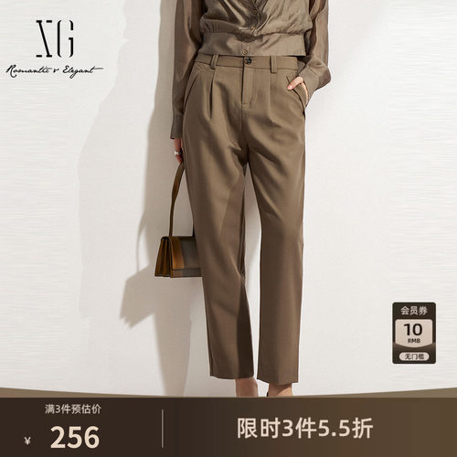 XG雪歌复古卡其色九分休闲裤2025春季新款淑女风通勤铅笔长裤女装