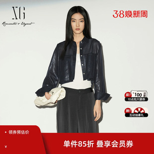 XG雪歌藏青色短款长袖衬衫2026夏季新款polo领薄款宽松直筒外套女