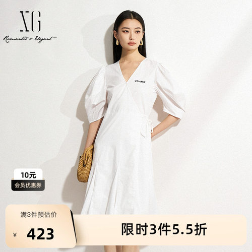 XG雪歌白色纯棉泡泡袖连衣裙2026春季新款 V领鱼尾收腰显瘦裙子女
