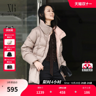 XG雪歌卡其色长袖鸭绒羽绒服2025冬季新款中长款加厚保暖外套女装