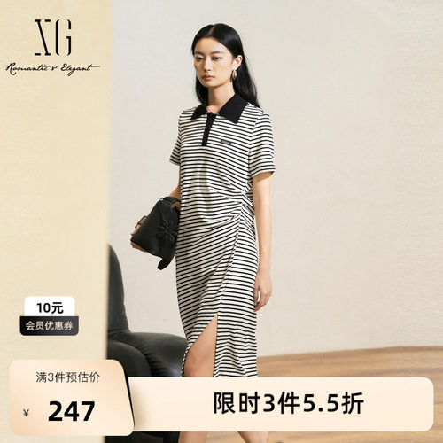XG雪歌条纹设计不规则连衣裙2025夏季新款开叉设计短袖T恤裙女装