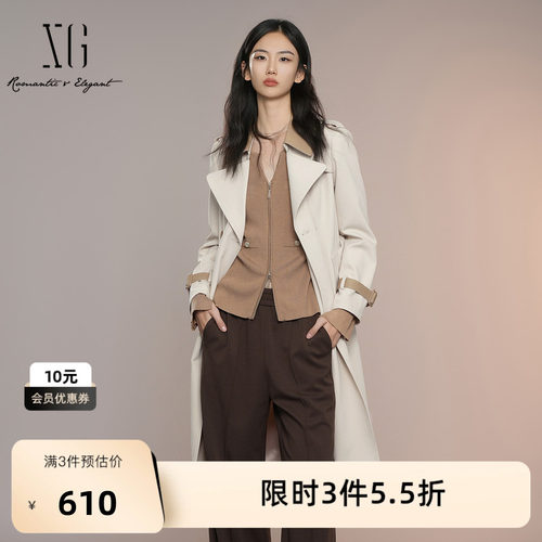 XG雪歌浅米色中长款休闲风衣2025秋季新款长袖翻领双排扣外套女装