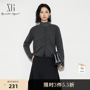 XG雪歌灰色破边设计毛针织衫2025冬季新款短款羊毛混纺开衫毛衣女