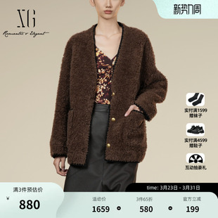 新款 纯绵羊毛外套2025冬季 深棕色中长羊羔绒大衣女 长袖 XG雪歌厚款