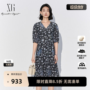 【单件立减】XG雪歌花版棉感短袖连衣裙2026夏季新款收腰中裙女装
