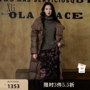 XG雪歌深咖色长款鹅绒羽绒服2025冬季新款盘扣设计加厚连帽外套女