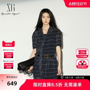 【单件立减】XG雪歌条纹短袖两件套连衣裙2026夏季新款飘带中裙女