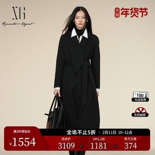 XG雪歌长款设计山羊绒毛呢外套2025冬季新款黑色系带绵羊毛大衣女