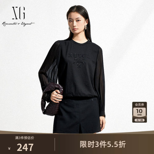 XG雪歌亮片装饰黑色长袖T恤2025春季新款网纱拼接莱赛尔上衣女装