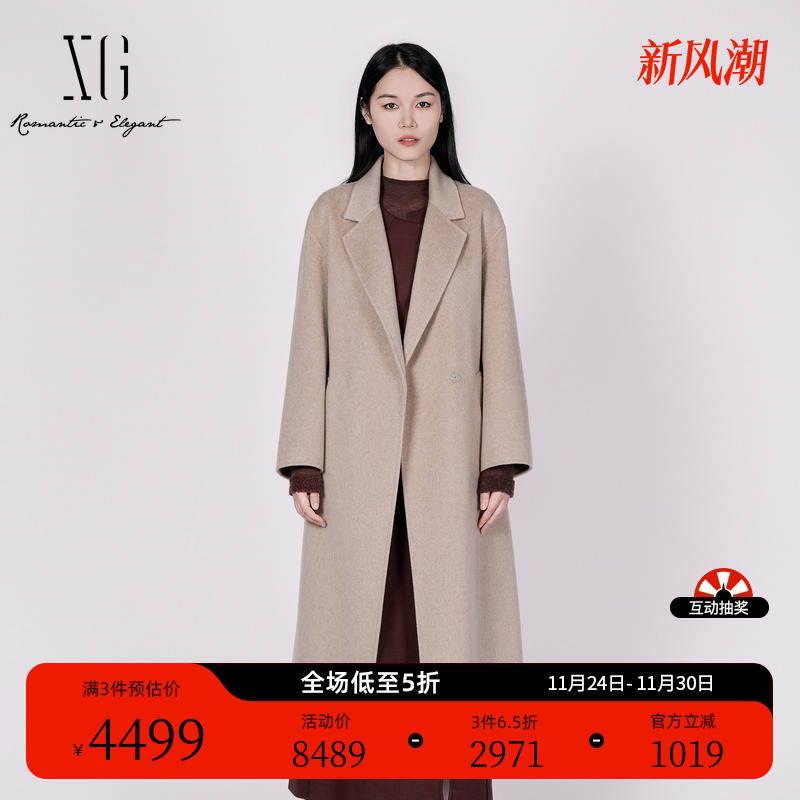 XG雪歌长款设计通勤毛呢外套2025冬季新款卡其色纯山羊绒大衣女装