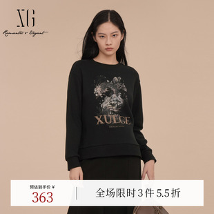 XG雪歌黑色创意印花长袖 圆领T恤2025春季 新款 精梳棉套头上衣女装