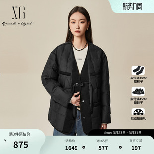 XG雪歌中长款黑色鹅绒羽绒服2025冬季新款厚款通勤长袖保暖外套女