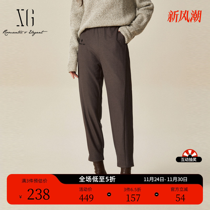 XG雪歌复古风通勤简约休闲裤时尚冬季新款深咖色厚款直筒长裤女装