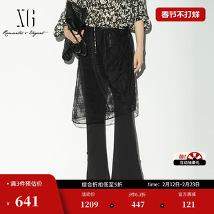XG雪歌黑色两件套微喇裤2026春季新款网纱屁帘显瘦西装休闲裤女装