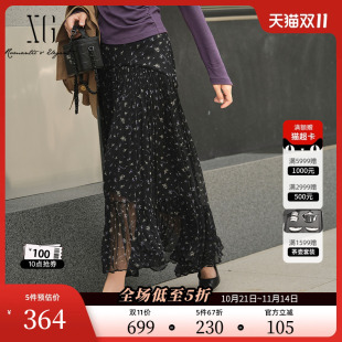 A字裙女装 淑女风长款 新款 XG雪歌碎花设计通勤简约半身裙2025秋季