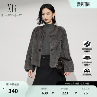 保暖长袖 厚款 皮草外套女 新款 XG雪歌深灰色拼接设计短外套2025冬季