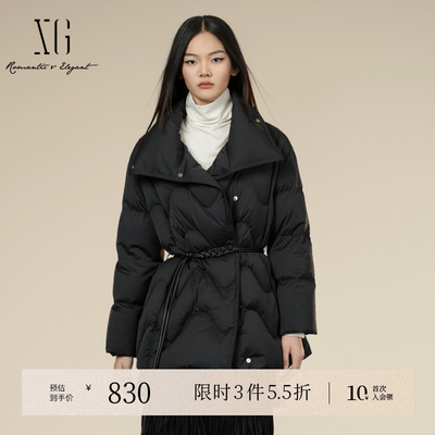 XG雪歌黑色长袖白鸭绒羽绒服2025冬季新款中长款收腰设计外套女装