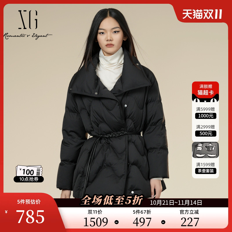 XG雪歌黑色长袖白鸭绒羽绒服2025冬季新款中长款收腰设计外套女装
